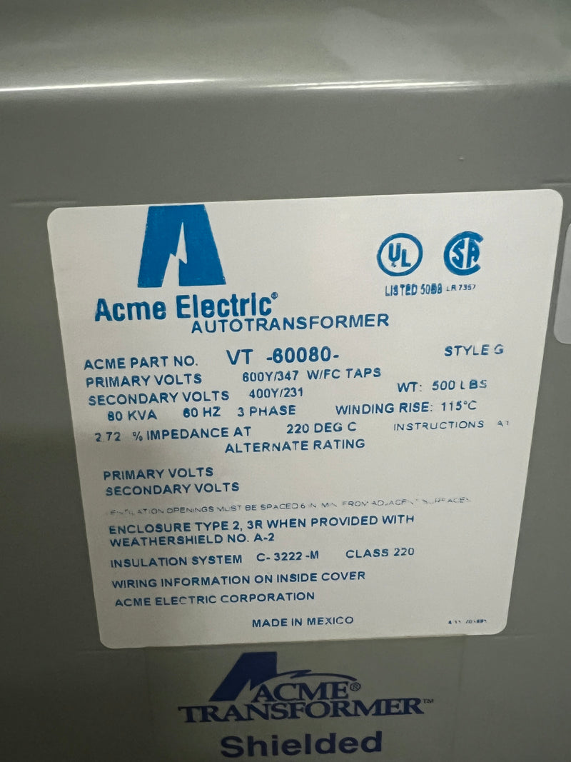 Acme Transformer 80 Kva 600V to 400V wye