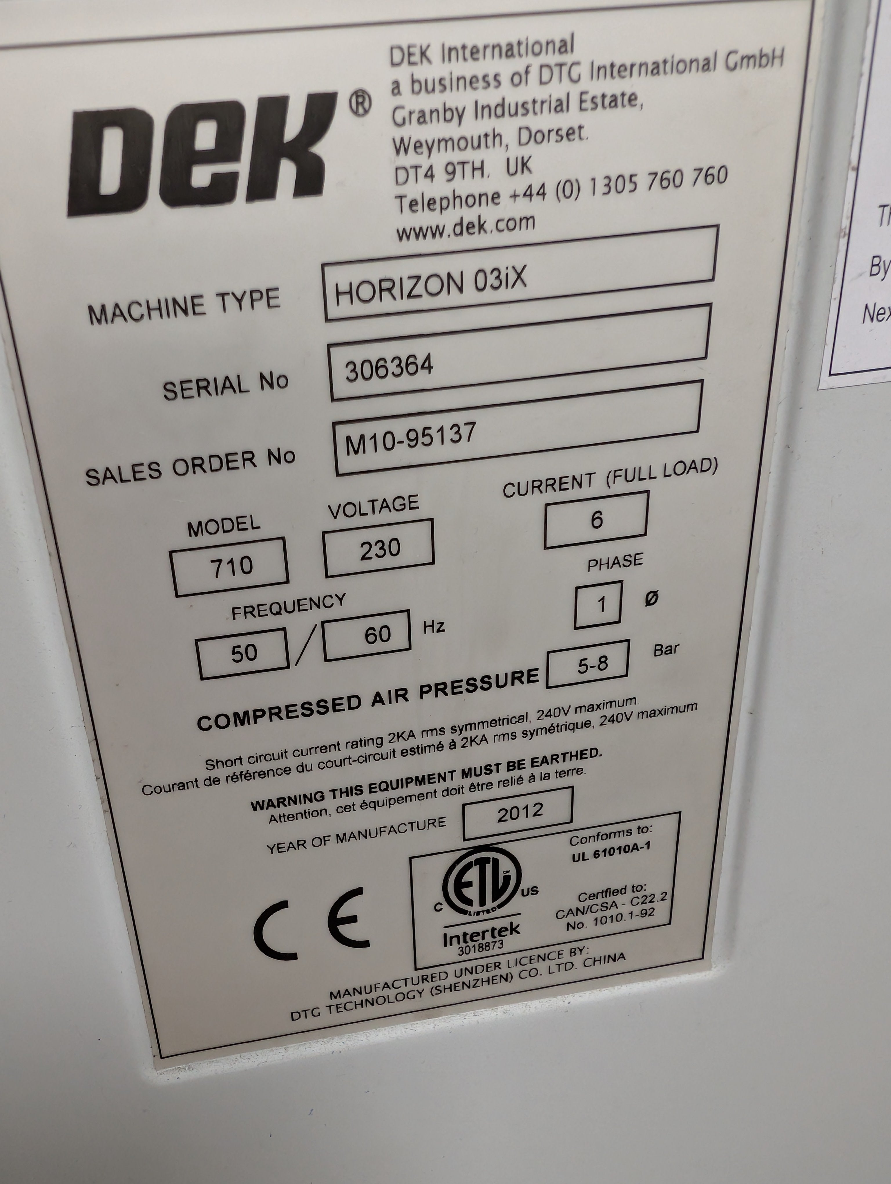 DEK Horizon 03iX Screen Printer 2012 Vintage # 306364