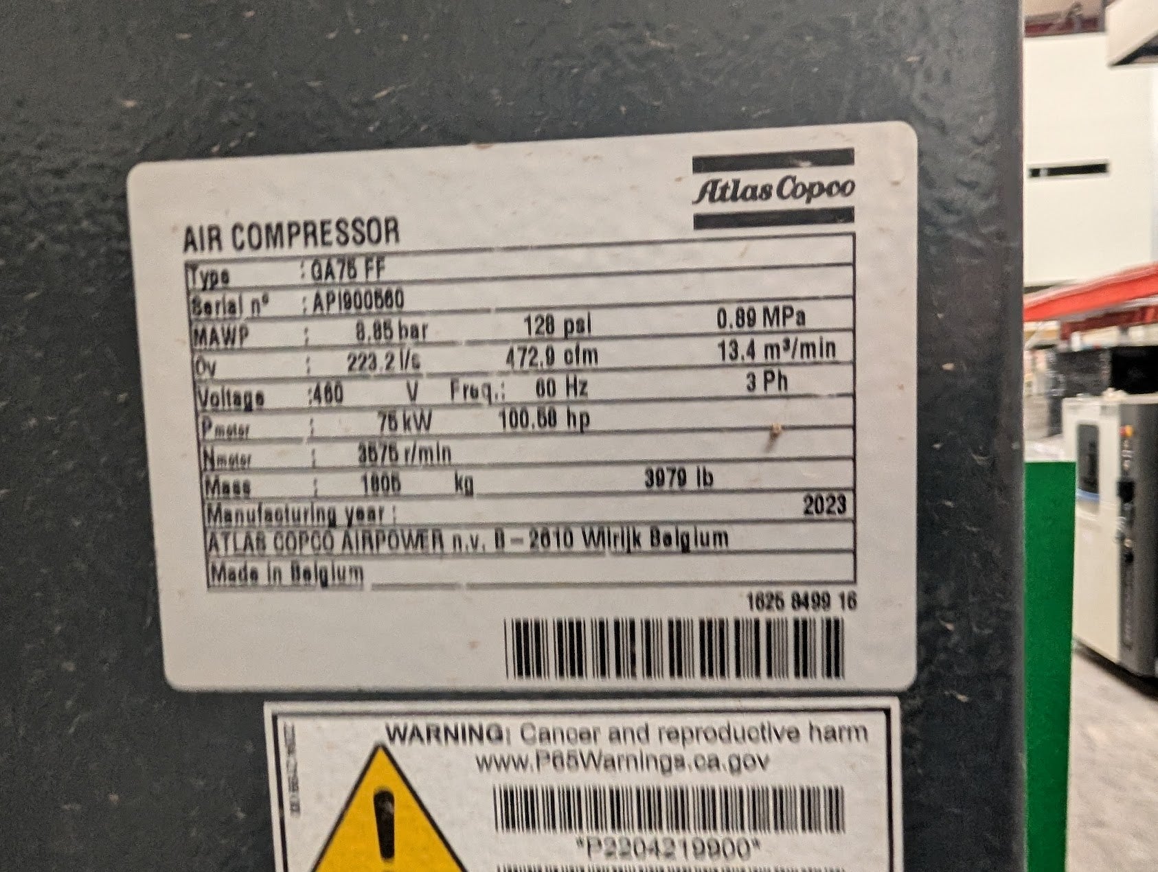 Atlas Copco GA75 FF 2023 100 HP Rotary Screw Air Compressor + FX250 2023 Dryer