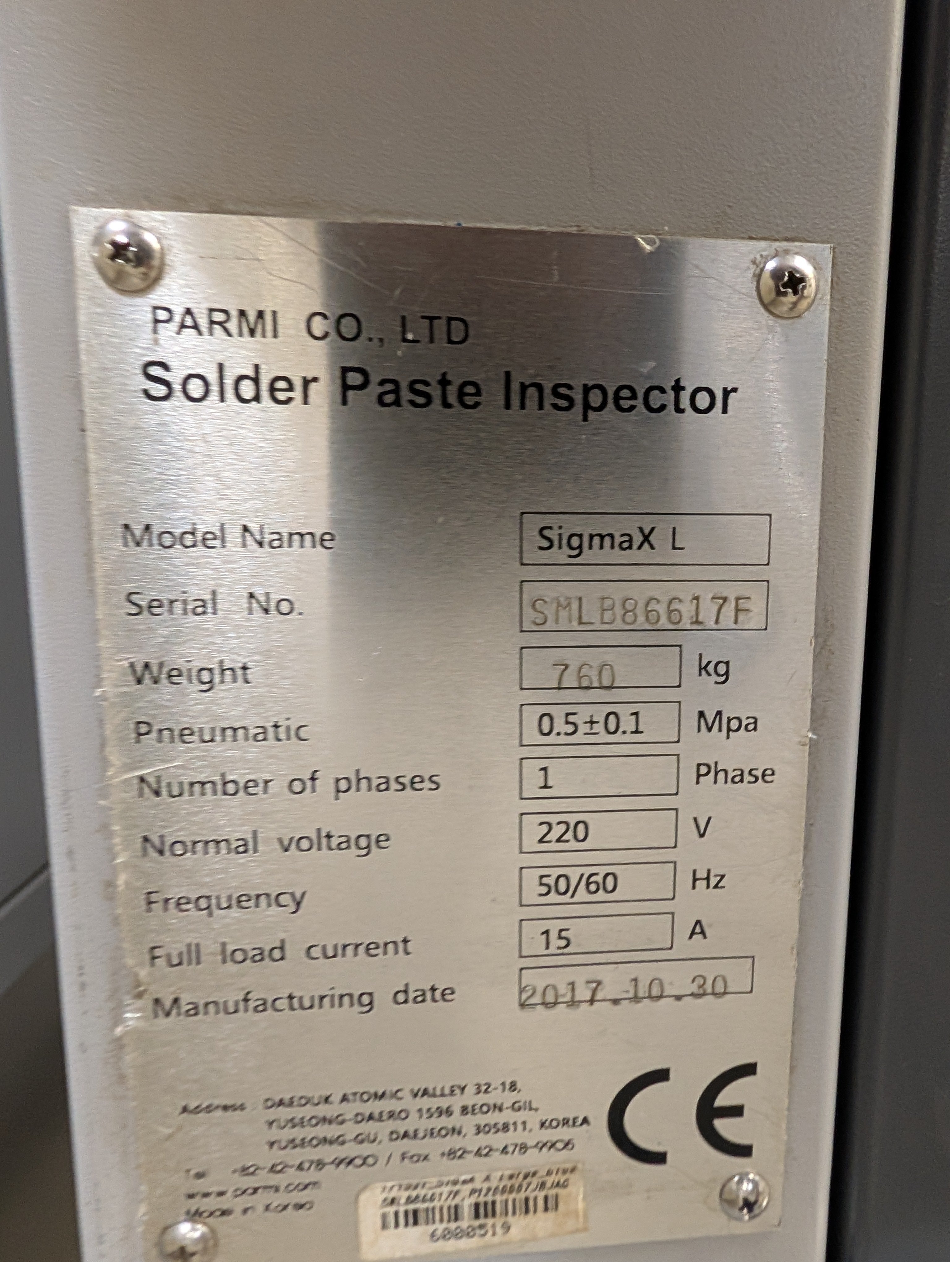 Parmi SigmaX L 3D Paste Inspection -2017 #SMB86617F PFI: 236