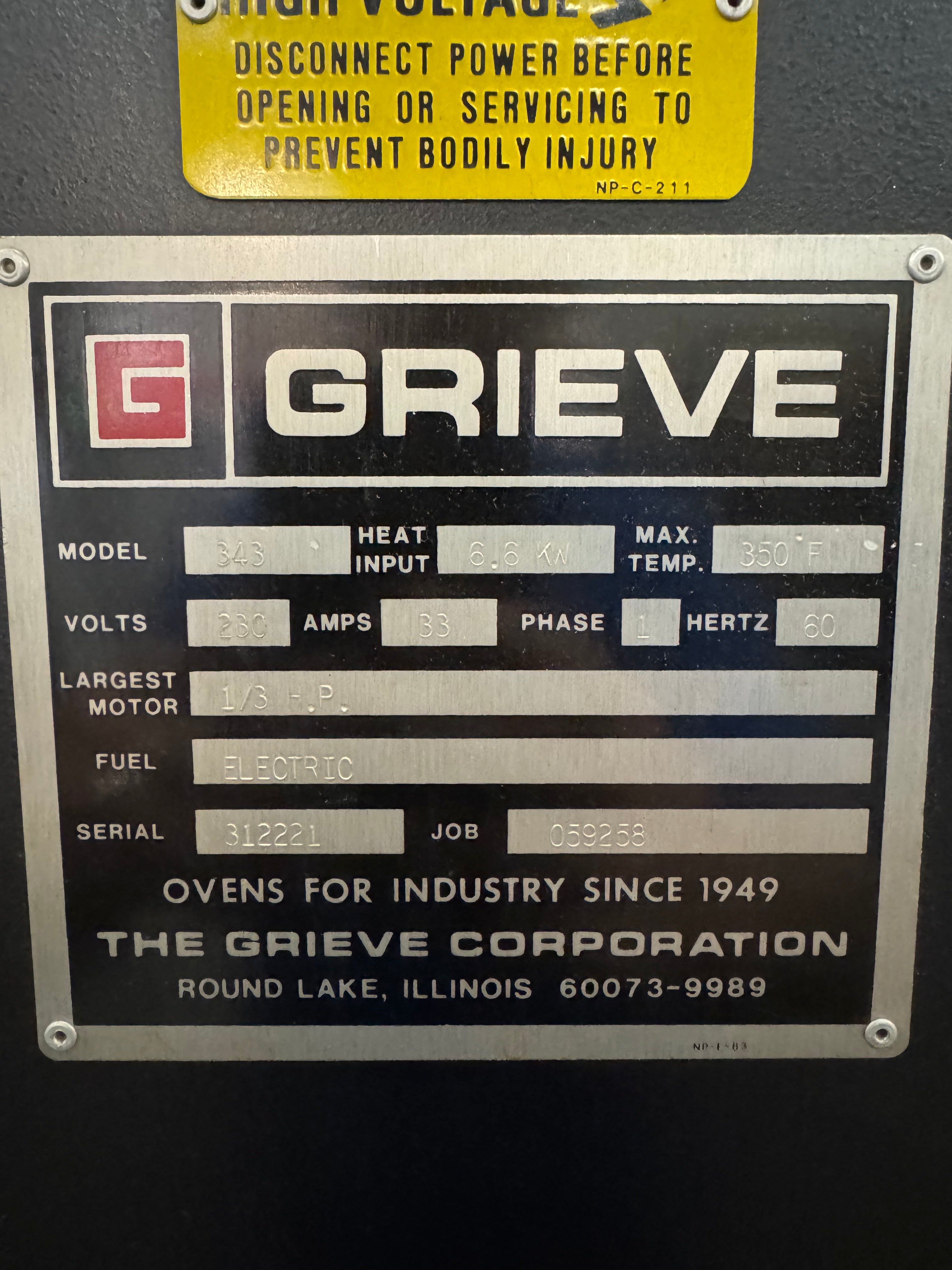 Grieve 343 Industrial bake oven 350F Max temp 3x4x3' Interior