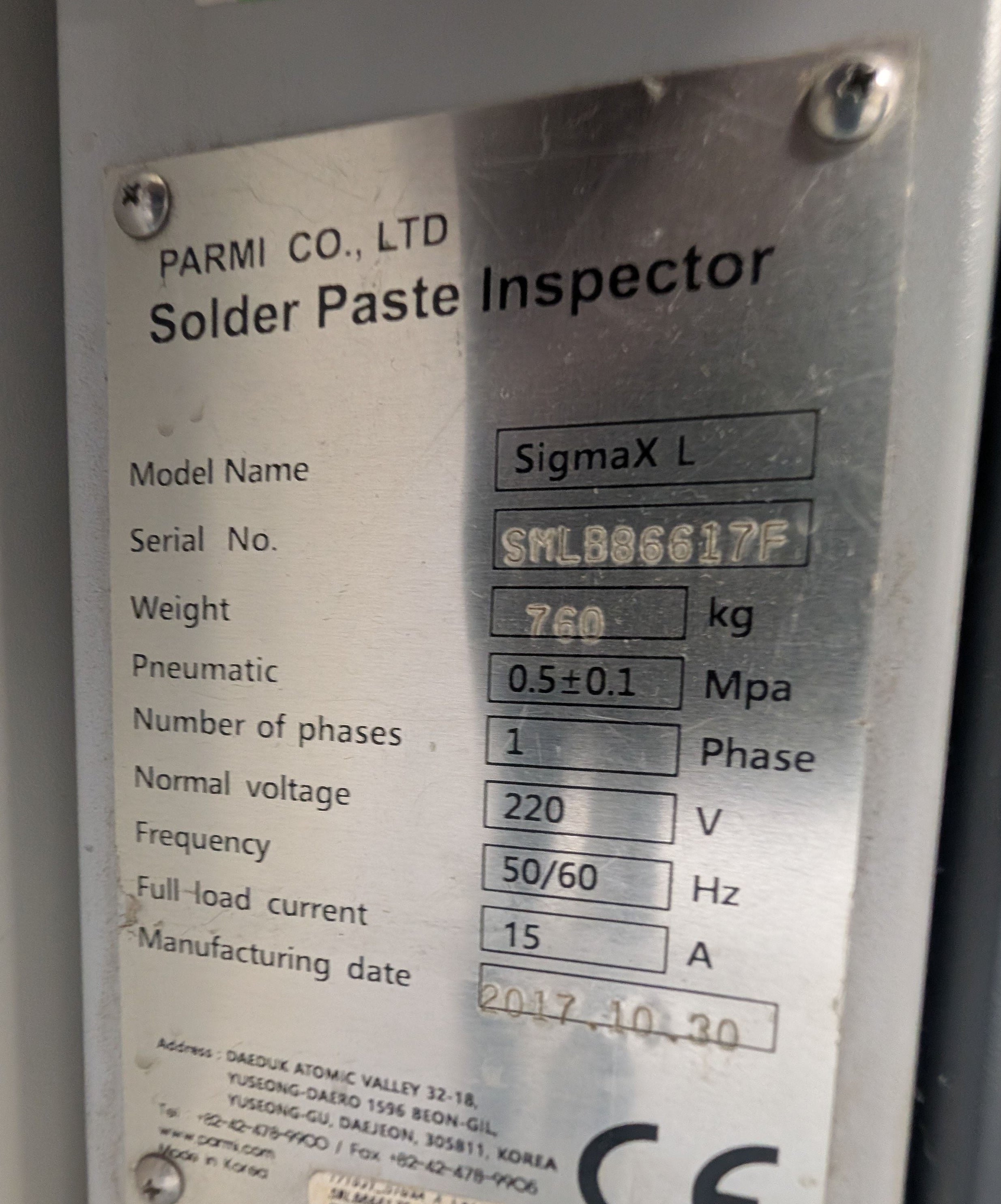 Parmi SigmaX L 3D Paste Inspection -2017 #SMB86617F PFI: 236