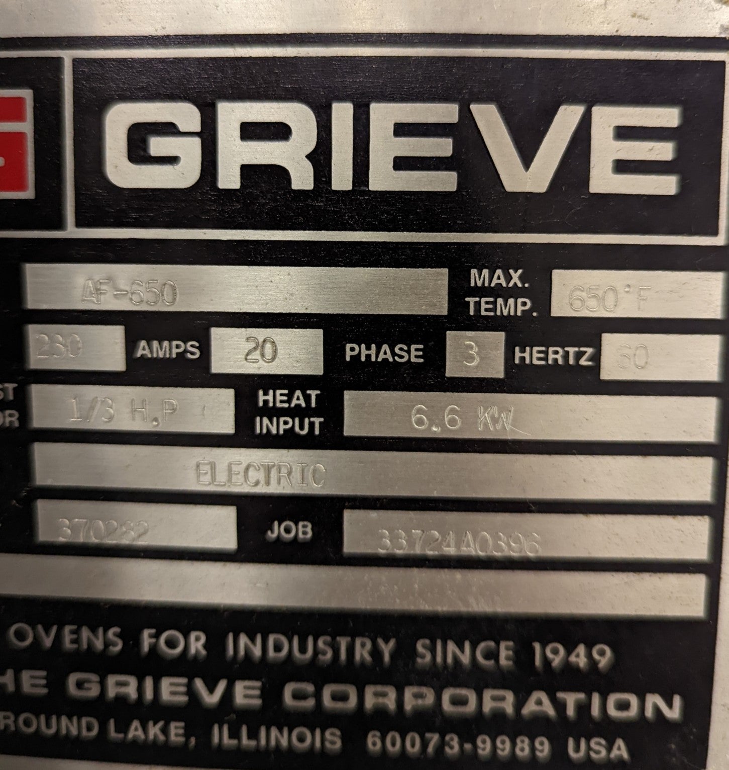 Grieve AF-650 650F Electric bake oven 8 cubic foot