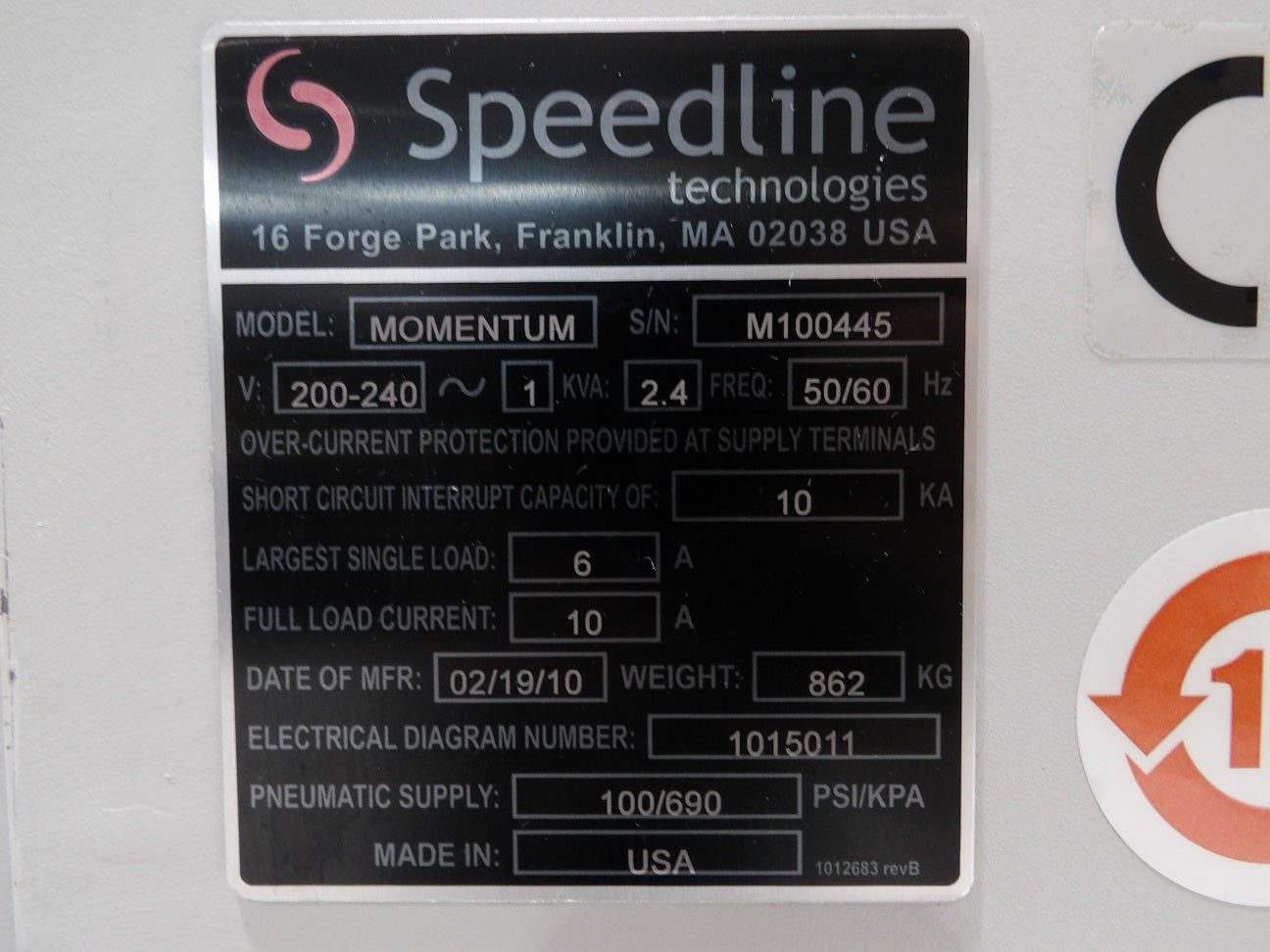 Speedline  Momentum Automatic Screen Printer 2010 #M100445 - Windows 7