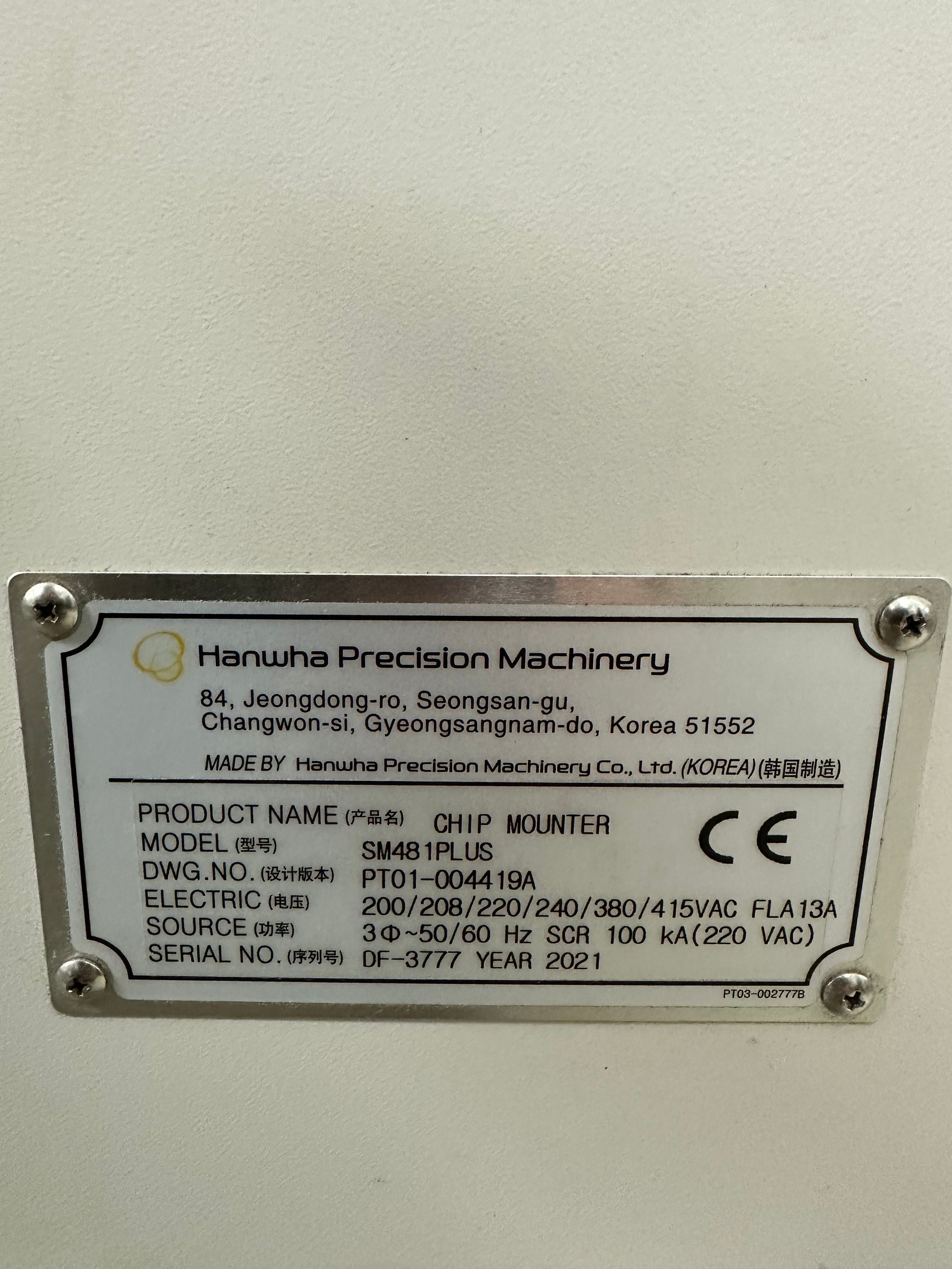 Hanwha SM481 Plus Pick and Place - 2021 ID: 170 SN: DF-3777