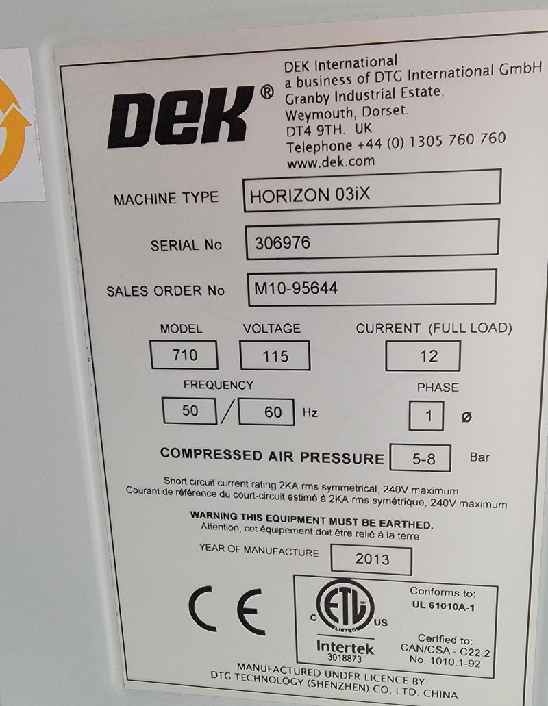 DEK Horizon 03iX In-line Screen Printer - 2013 - Hawkeye, Long Board, Win7