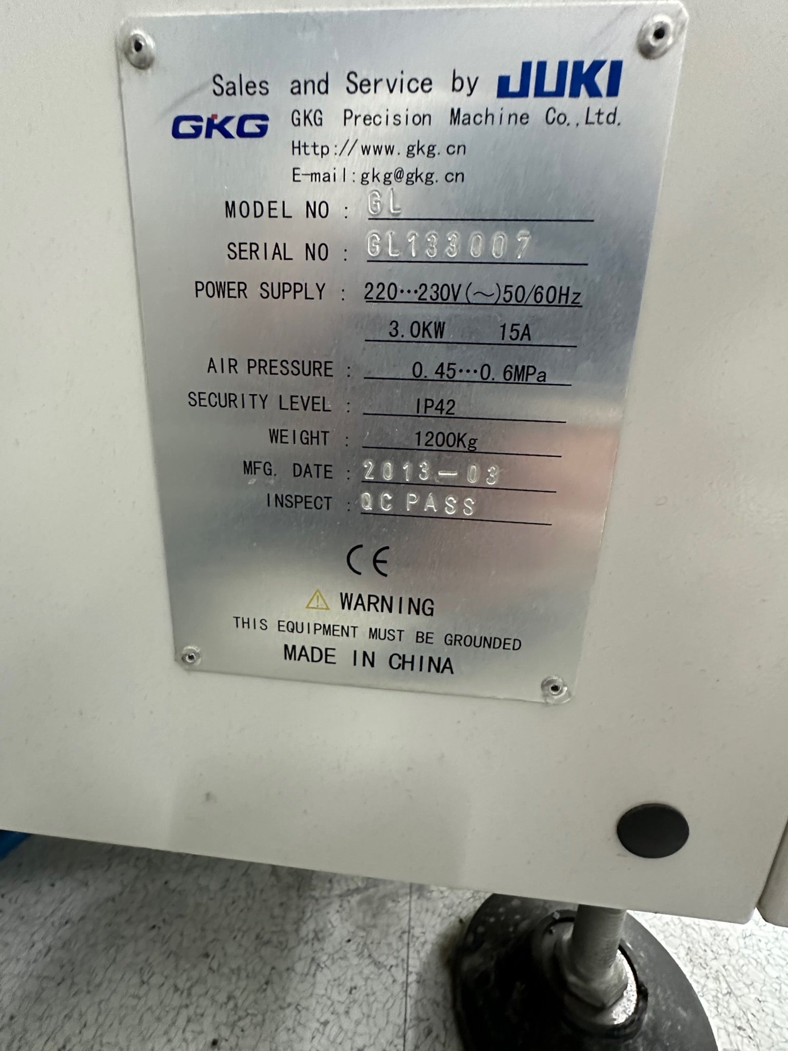 JUKI GKG GL Automatic PCB Screen Printer, 3-2013 SN GL133007