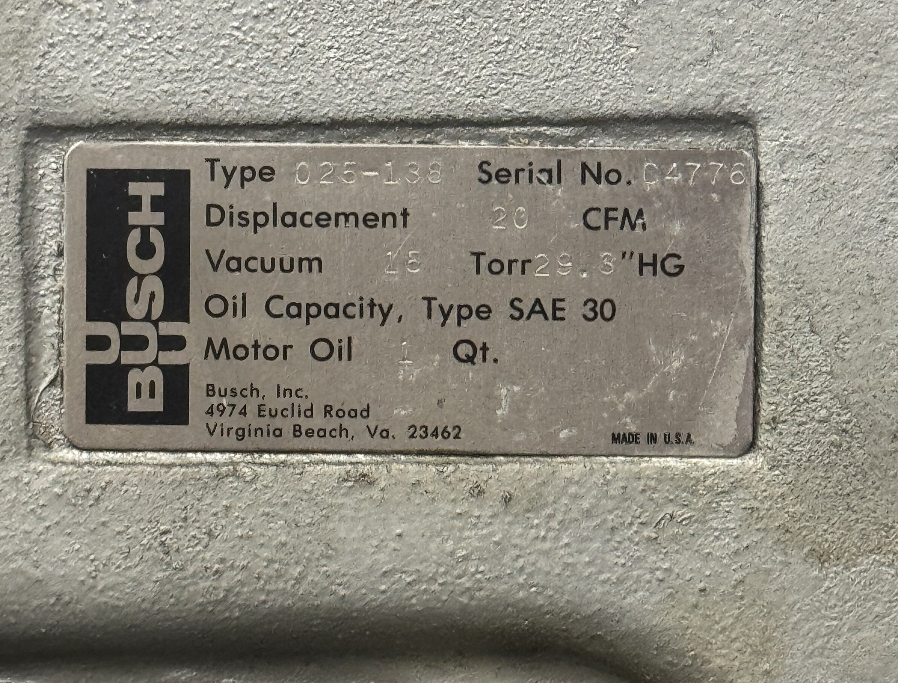 Busch Vacuum pumps x 2 025-138 @ 20 CFM each w/ Ballast Tank ICT