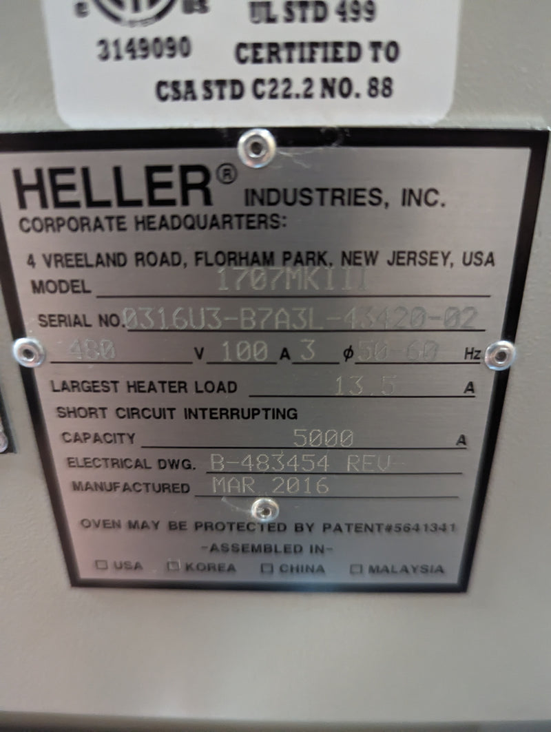 Heller 1707MK3 2016 7 Zone Reflow oven - LF, 480V