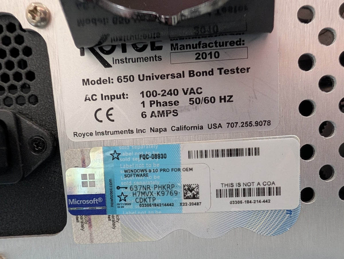 Royce 650 Bond testing, Wire pull, and Shear testing