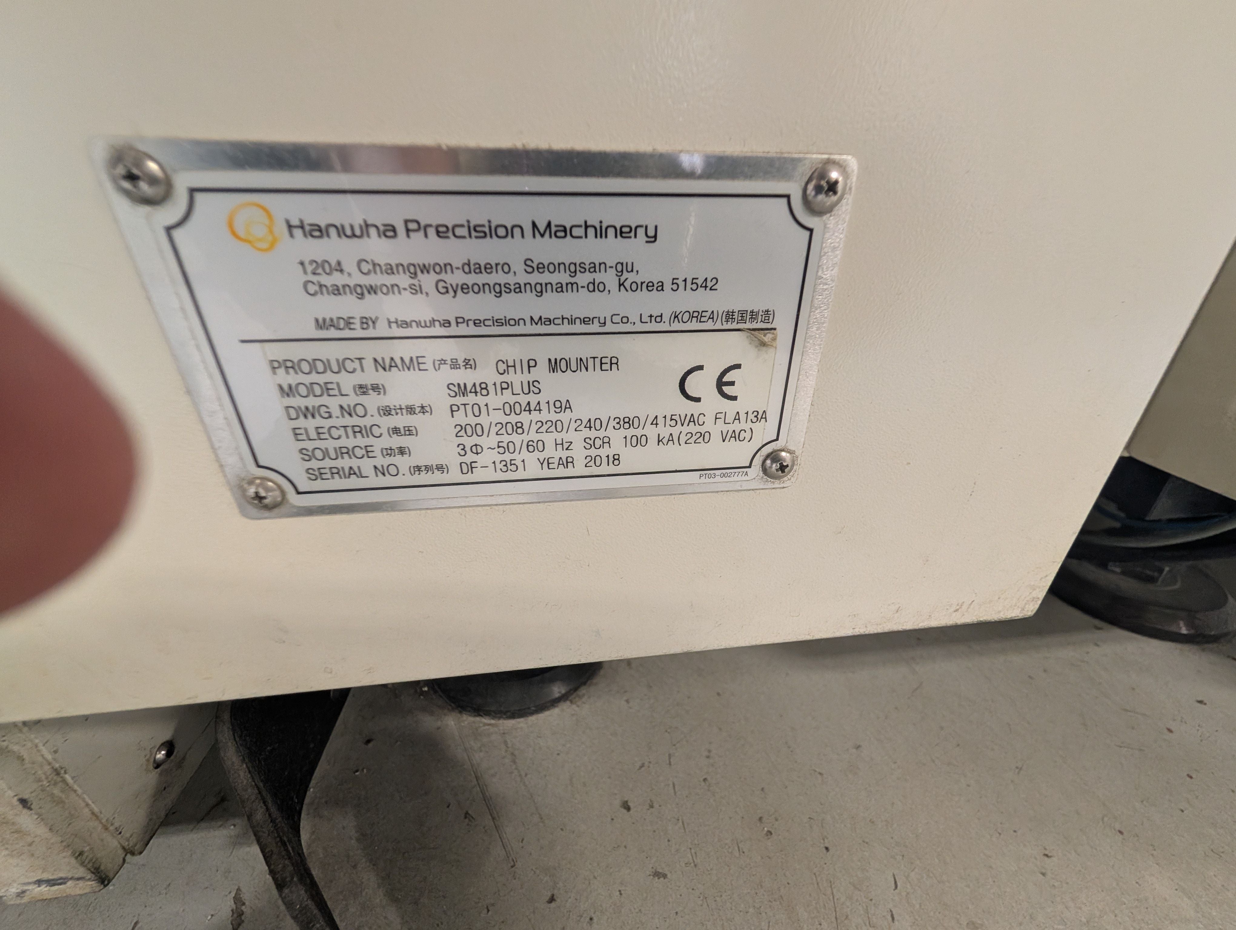 Hanwha SM481 Plus Pick and Place - 2018 ID: 143 SN: DF-1351