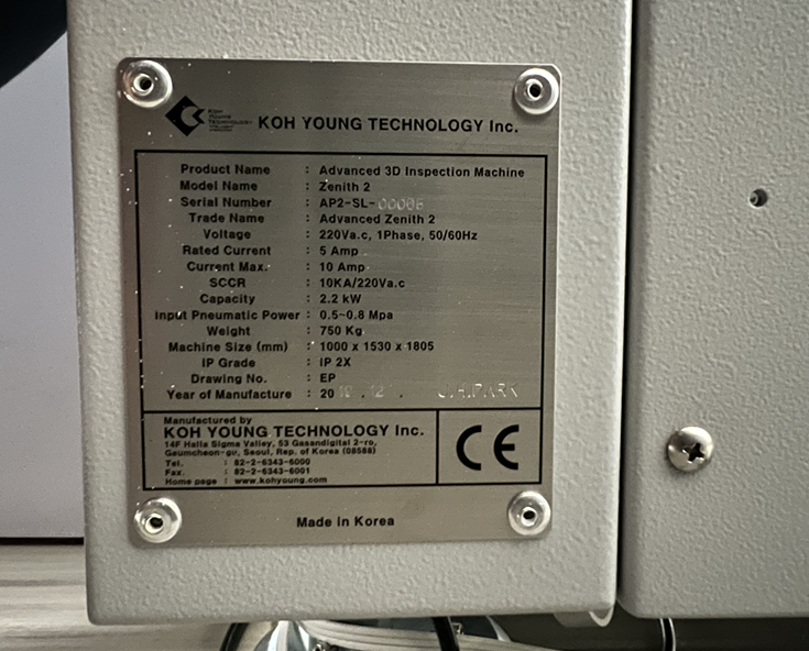 Koh Young Technology Zenith 2 3D AOI - 12/2019