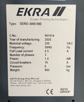 EKRA SERIO 4000 B2B Stencil Printer 2020