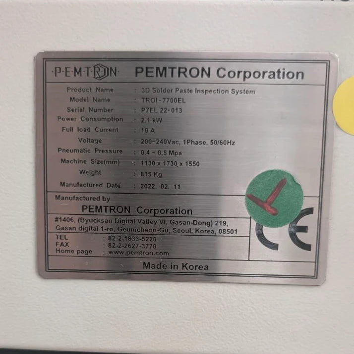 Pemtron TROI-7700EL 2022 Inline 3D SPI — S/N P7EL22-013
