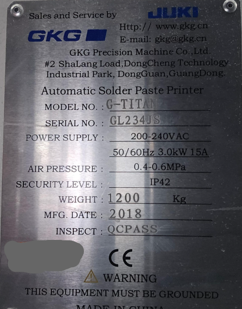 JUKI GKG G-TITAN Automatic Screen Printer - 2018 #GL234JS