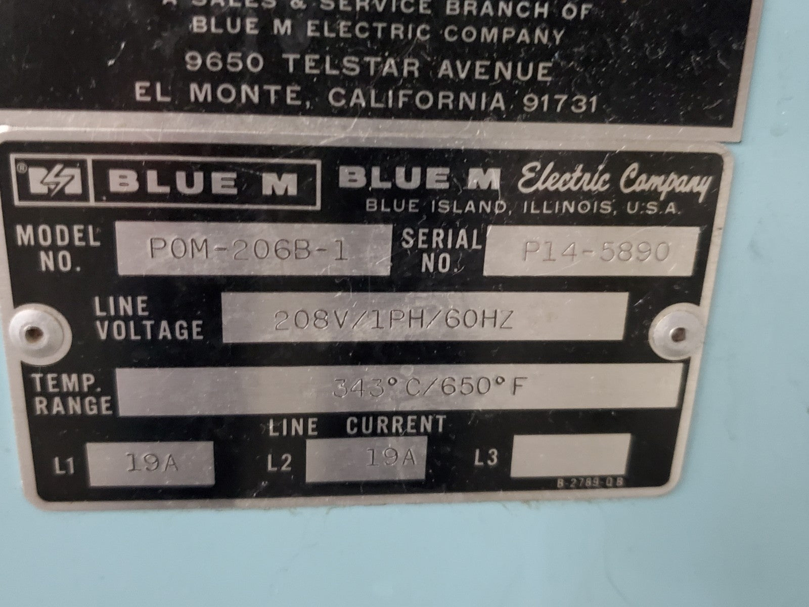 Blue M POM-260B-1 Bake Oven 18x20x20" Max Temp 343c, Serial # P14-5890