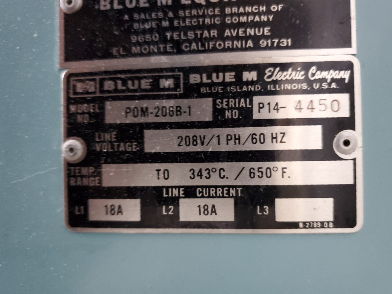 Blue M POM-260B-1 Bake Oven 18x20x20" Max Temp 343c, Serial # P14-4450