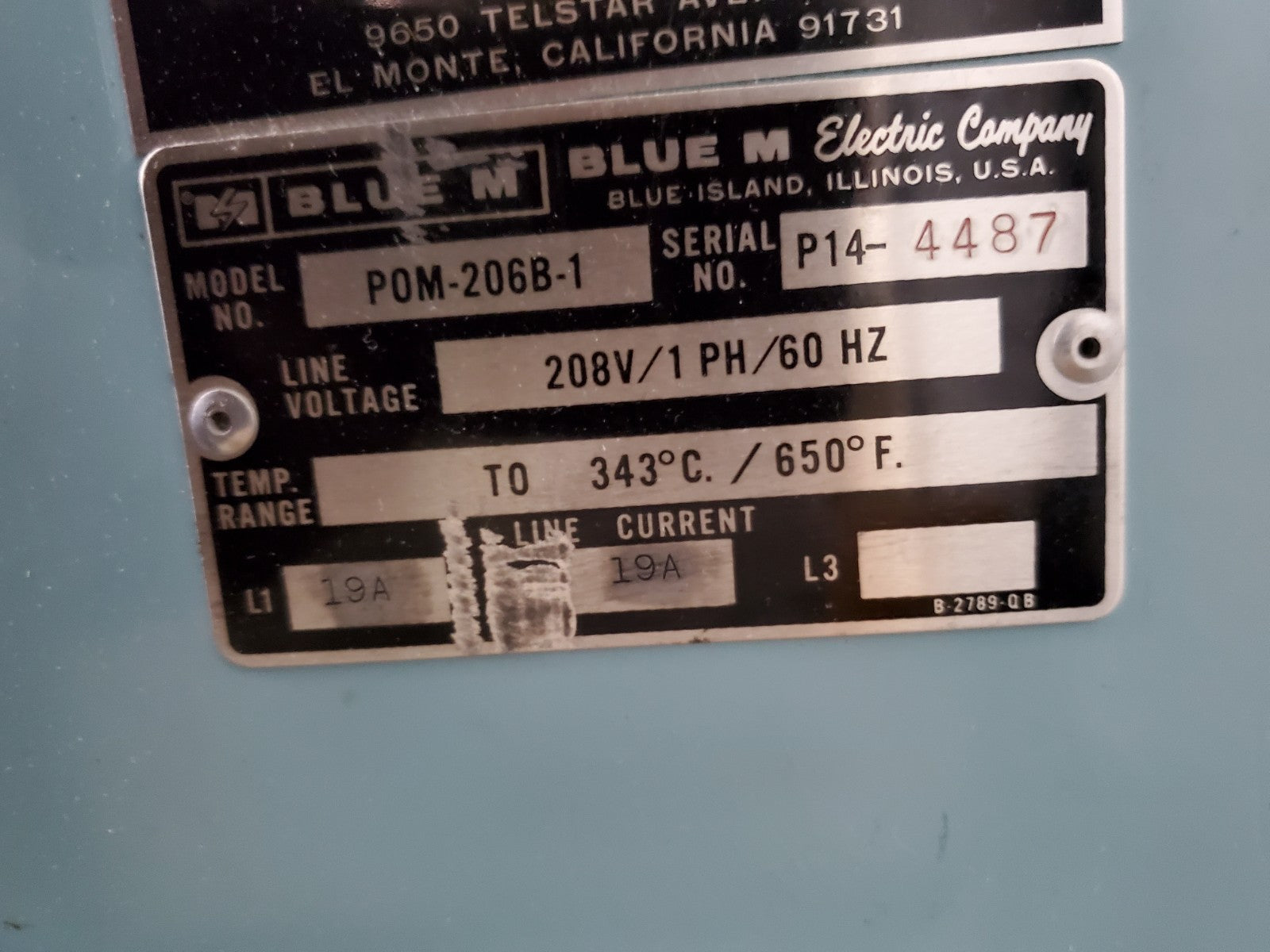 Blue M POM-260B-1 Bake Oven 18x20x20" Max Temp 343c, Serial # P14-4487