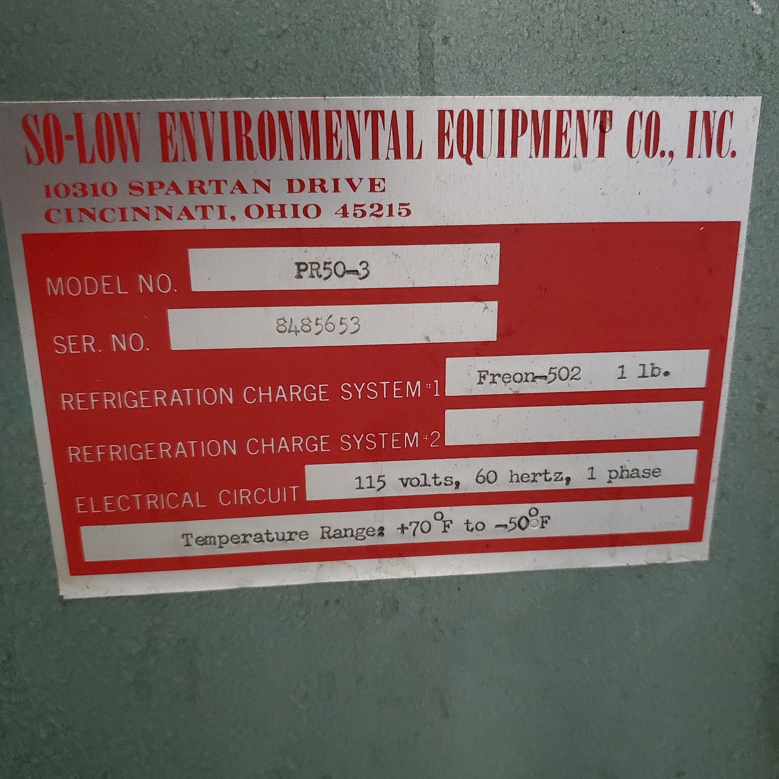 SO-LOW PR50-3 Lab Freezer Temp range +70F to -50F