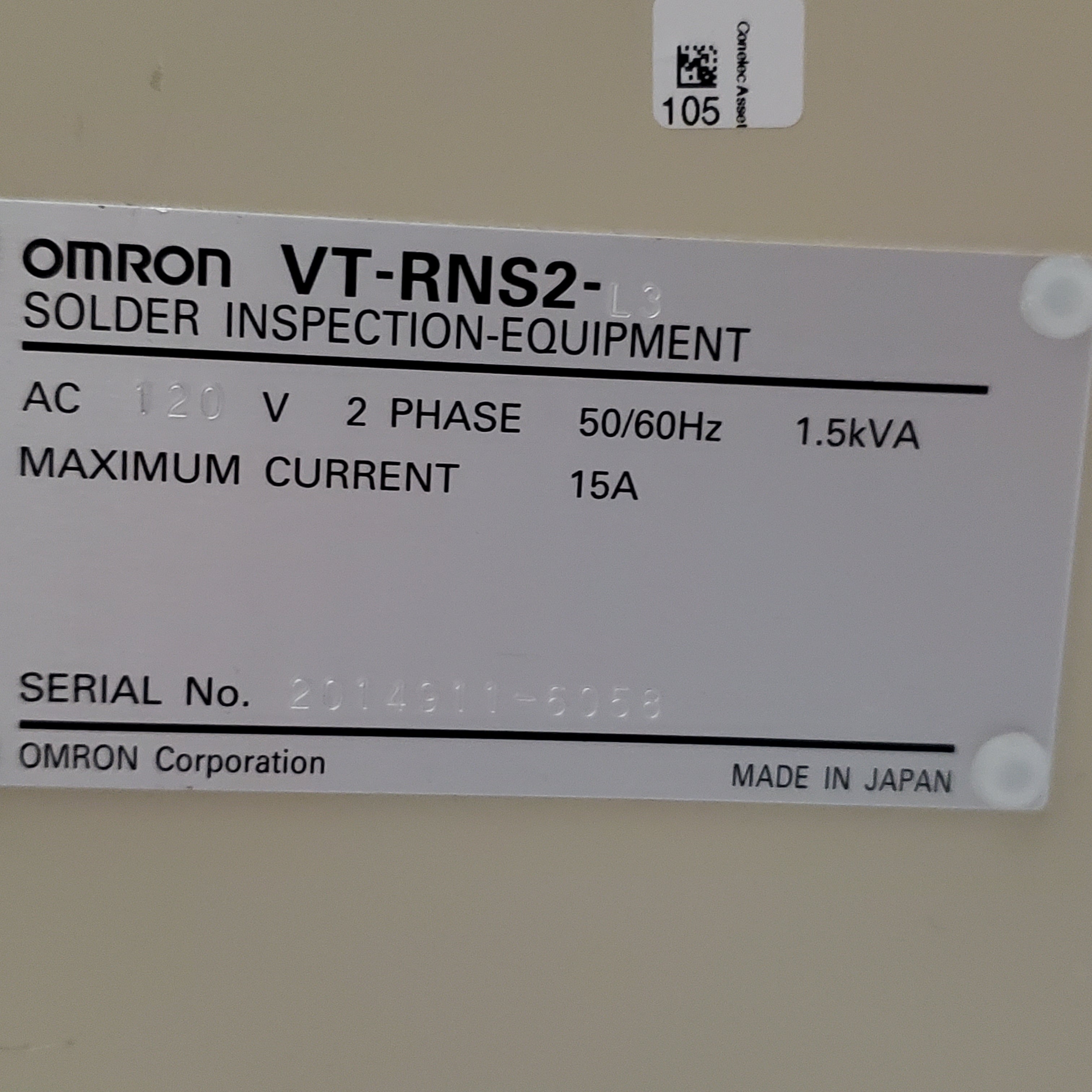 Omron VT-RNS-II Inline AOI Machine L3 SN# 6058