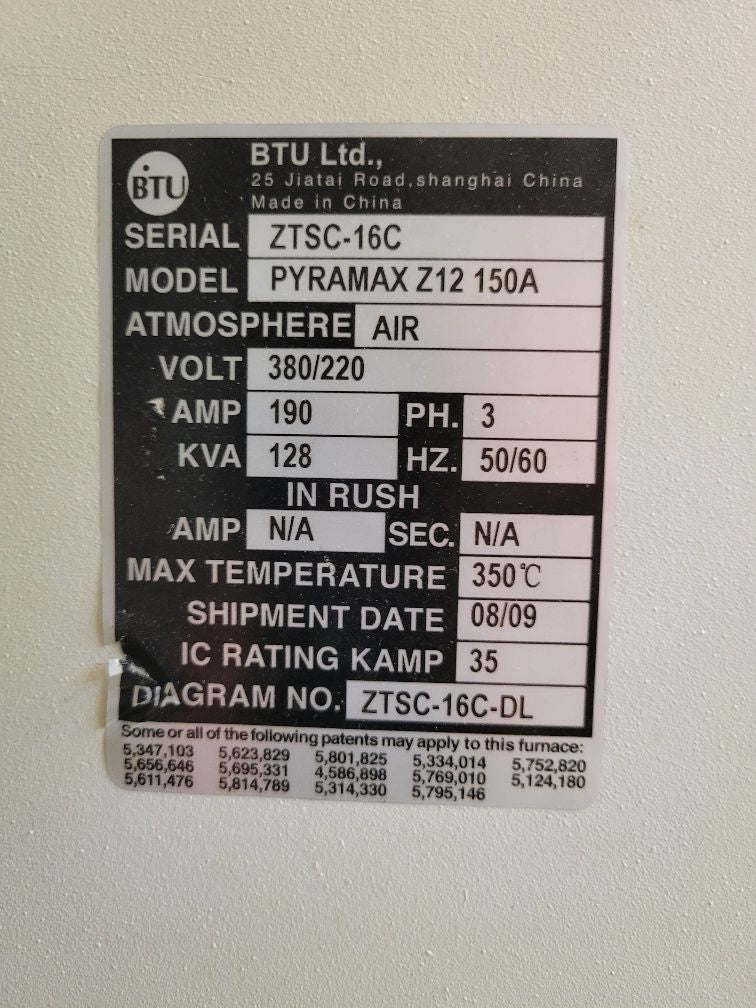 BTU Pyramax 150A z12 12 zone Lead Free Reflow oven ZTSC-16C